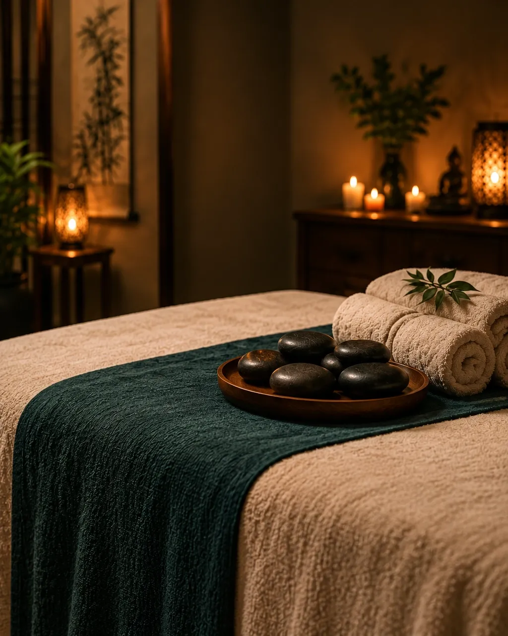 A tranquil massage table prepared with soft linens in warm candlelight