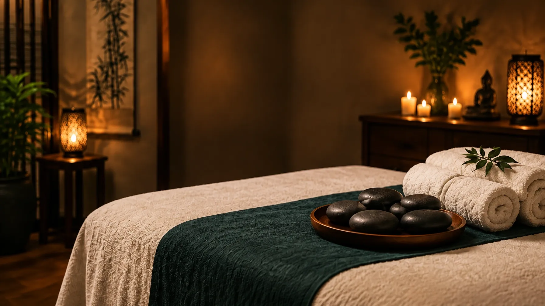 A softly lit massage room with cream linens, deep teal fabric and warm basalt stones